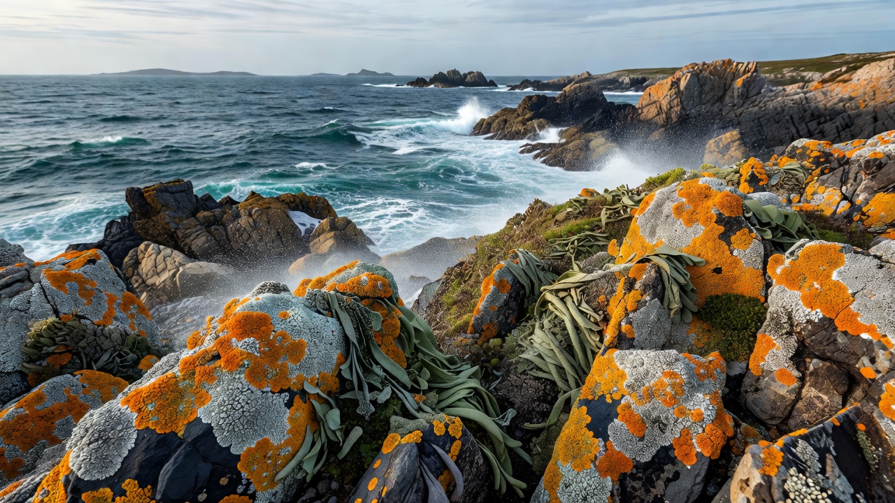 Close-up view of salt-adapted lichen thalli showing compact growth forms on island rock surfaces